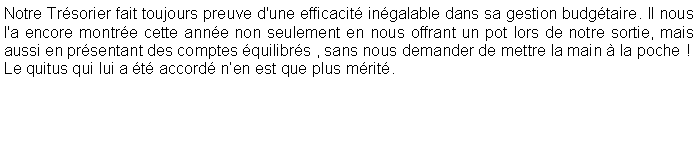 Zone de Texte: Notre Tr�sorier fait toujours preuve d'une efficacit� in�galable dans sa gestion budg�taire. Il nous l'a encore montr�e cette ann�e non seulement en nous offrant un pot lors de notre sortie, mais aussi en pr�sentant des comptes �quilibr�s , sans nous demander de mettre la main � la poche !Le quitus qui lui a �t� accord� n�en est que plus m�rit�.